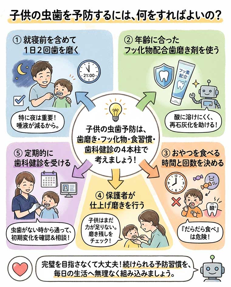 子供の虫歯を予防するには、何をすればよいの?の図解