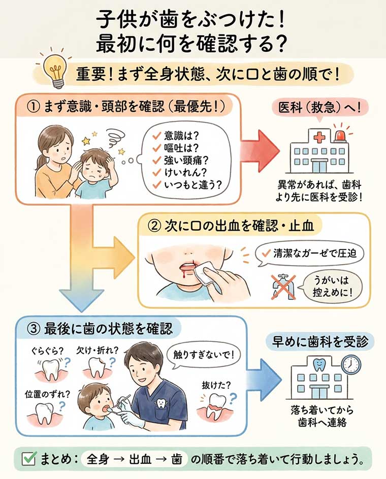 子供が歯をぶつけたら最初に何を確認すればよいですか?の図解