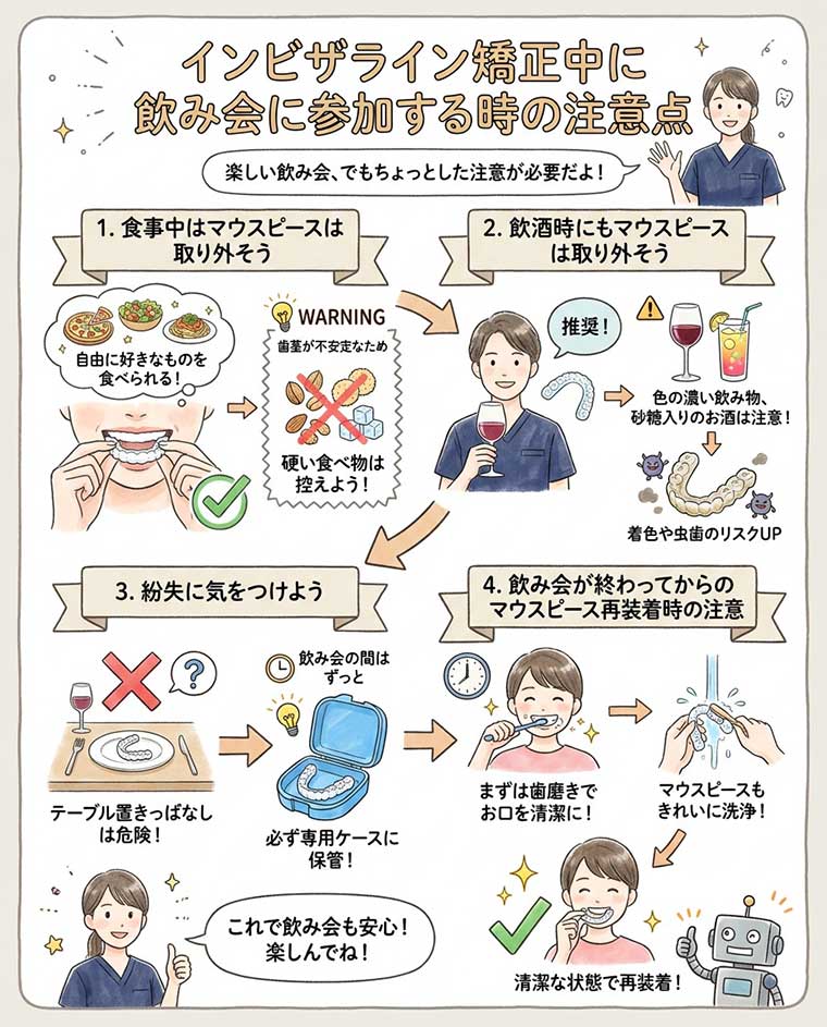 インビザライン矯正中に飲み会に参加する時の注意点の図解