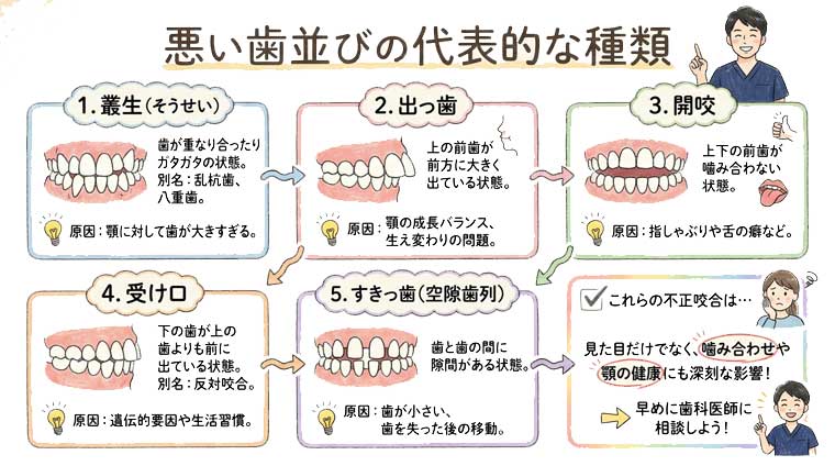 悪い歯並びの代表的な種類の図解