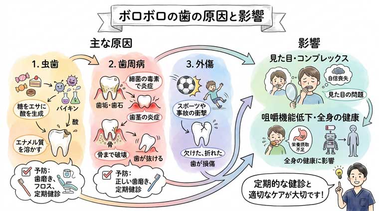 ボロボロの歯の原因と影響の図解