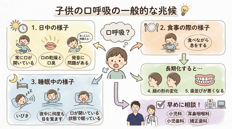 子供の口呼吸の一般的な兆候の図解