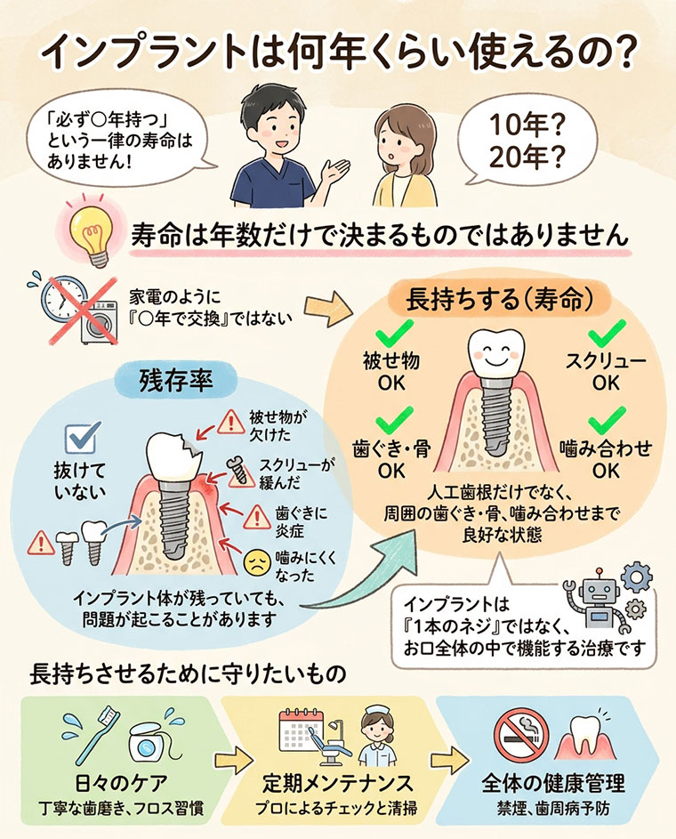 インプラントは何年くらい使えるの？の図解