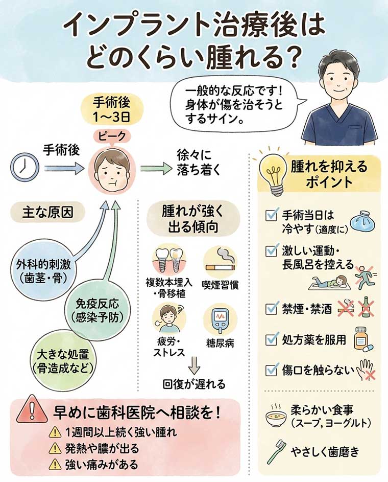 インプラント治療後はどのくらい腫れる?の図解