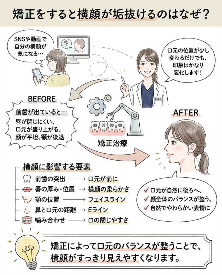矯正をすると横顔が垢抜けるのはなぜ？の図解
