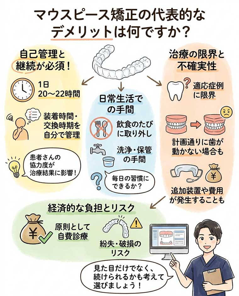 マウスピース矯正の代表的なデメリットは何ですか？の図解