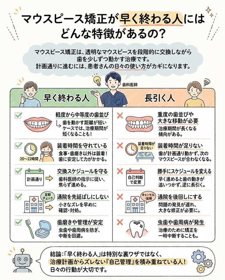 マウスピース矯正が早く終わる人にはどんな特徴がありますか？の図解