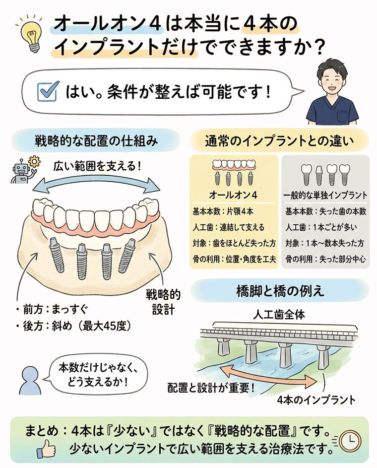 オールオン4は本当に4本のインプラントだけでできますか?の図解