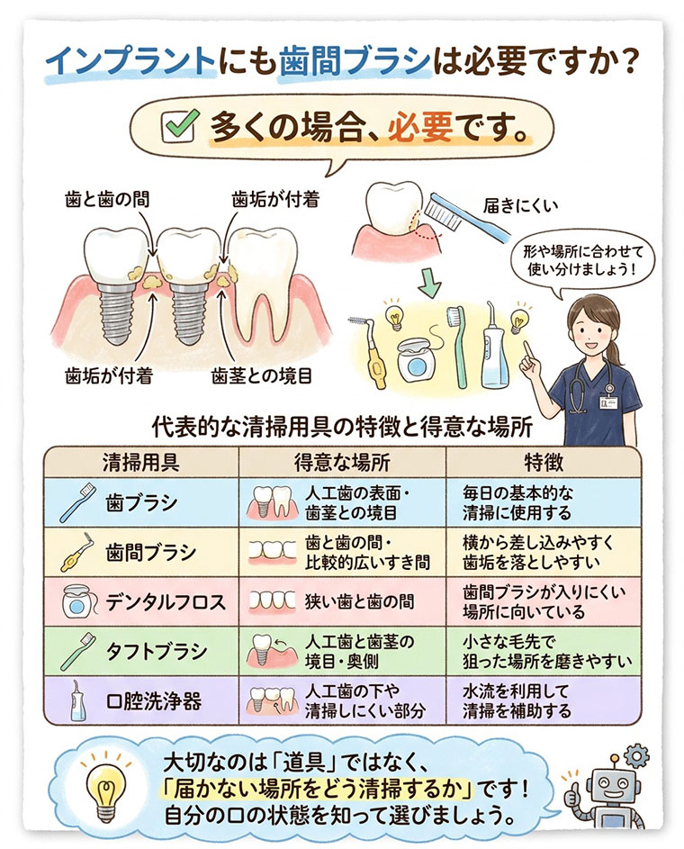 インプラントにも歯間ブラシは必要ですか?の図解