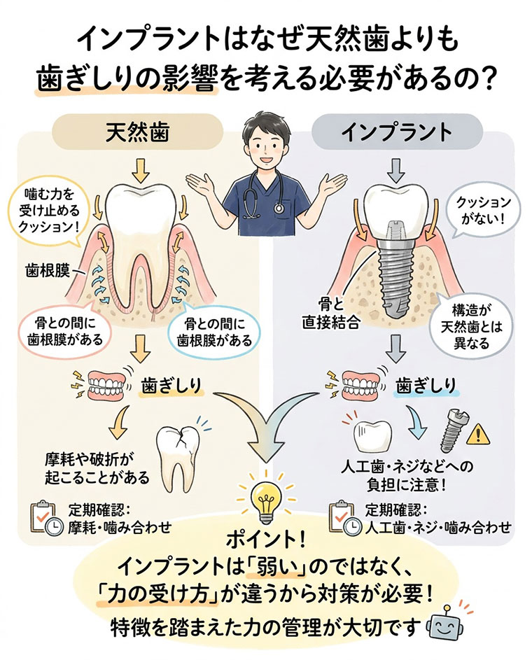 インプラントはなぜ天然歯よりも歯ぎしりの影響を考える必要があるの？の図解